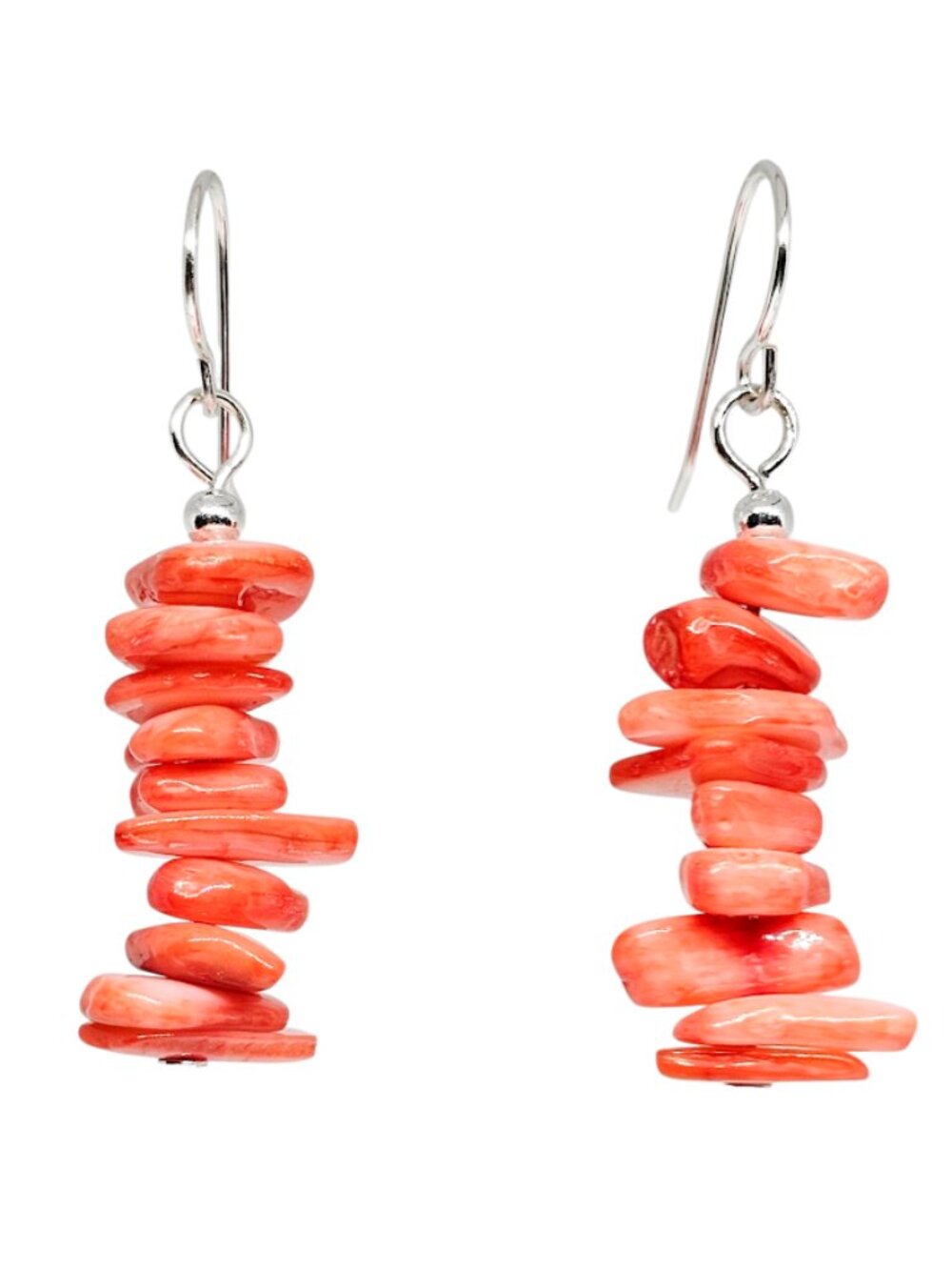 Coral Dyed Mother of Pearl Chip Dangle Earrings Silver Tone Handmade Boho